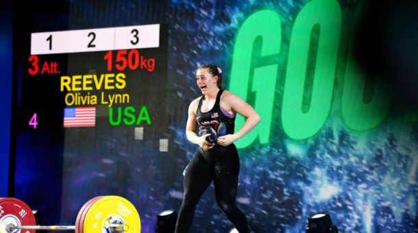 Olivia Reeves celebrates after completing a 150kg clean and jerk lift at the 2024 IWF World Cup in Phuket, Thailand. Photo by USA Weightlifting.