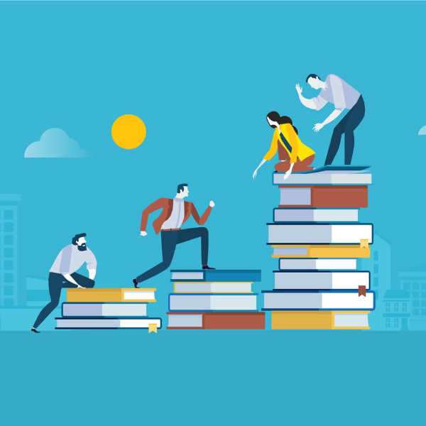 flat image design of business professionals climbing up a stack of books