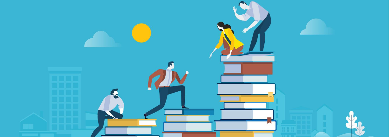 flat image design of business professionals climbing up a stack of books