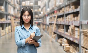 female supply chain manager standing with a clipboard in a warehouse