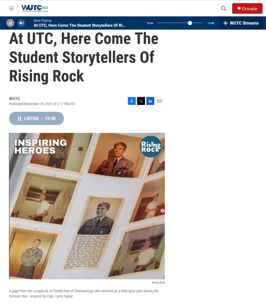 Screenshot of WUTC's web site featuring the Rising Rock Story. The headline of the story is "At UTC, Here Come the Student Storytellers of Rising Rock.:
