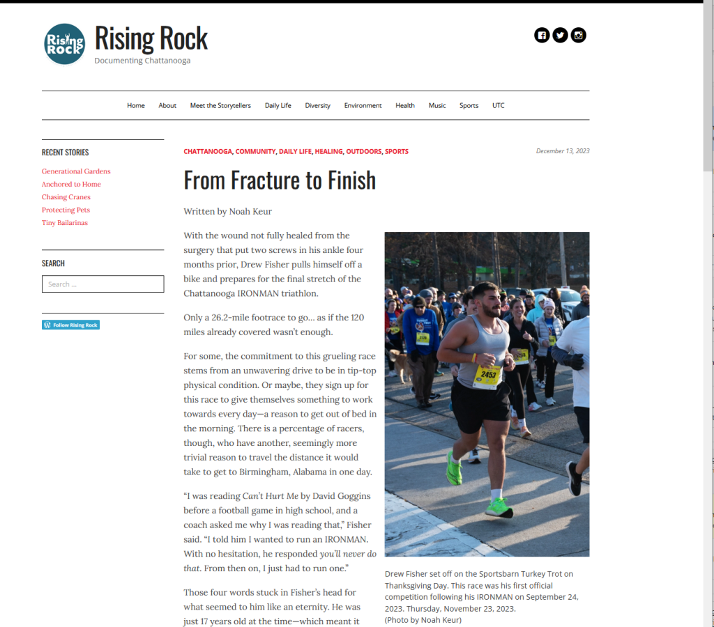 Screenshot of the story "From Fracture to Finish" on RisingRock.net.