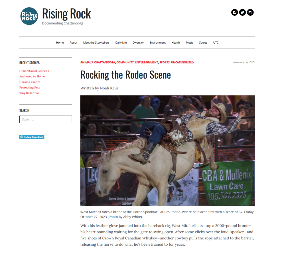 Screenshot of the article "Rocking the Rodeo Scene" on RisingRock.net.