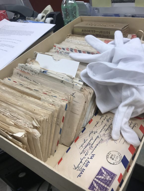 Box of WWII letters being processed while working as a Graduate Research Assistant for the Albert Gore Research Center.