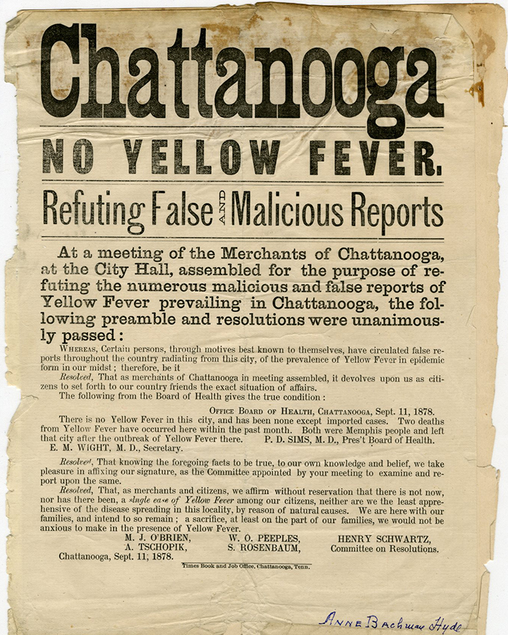 No Yellow Fever resolution. Document courtesy of Special Collections & University Archives, UTC Library, The University of Tennessee at Chattanooga.