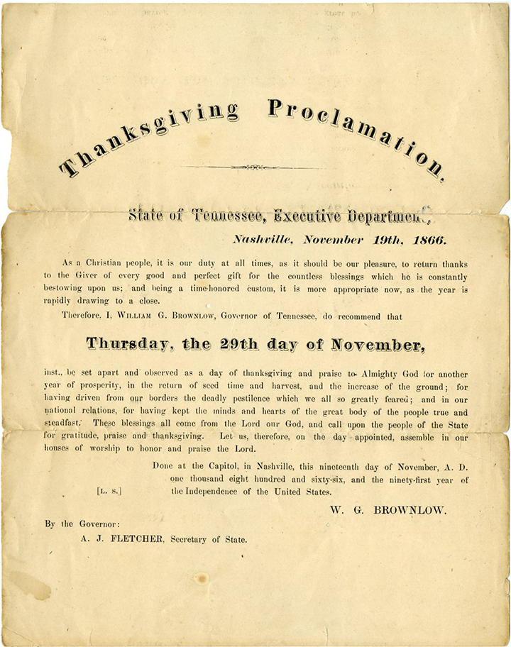 State of Tennessee Thanksgiving Proclamation. Document courtesy of Special Collections & University Archives, UTC Library, The University of Tennessee at Chattanooga.