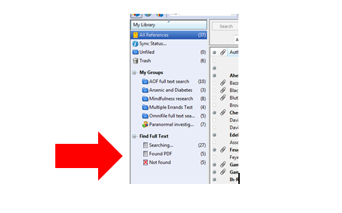 EndNote screenshot pointing to "find full text" options in my library