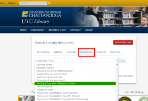 screen shot of Databases tab on UTC Library Home Page