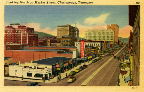 Looking north on Market Street, Chattanooga, Tennessee postcard, circa 1958-1979