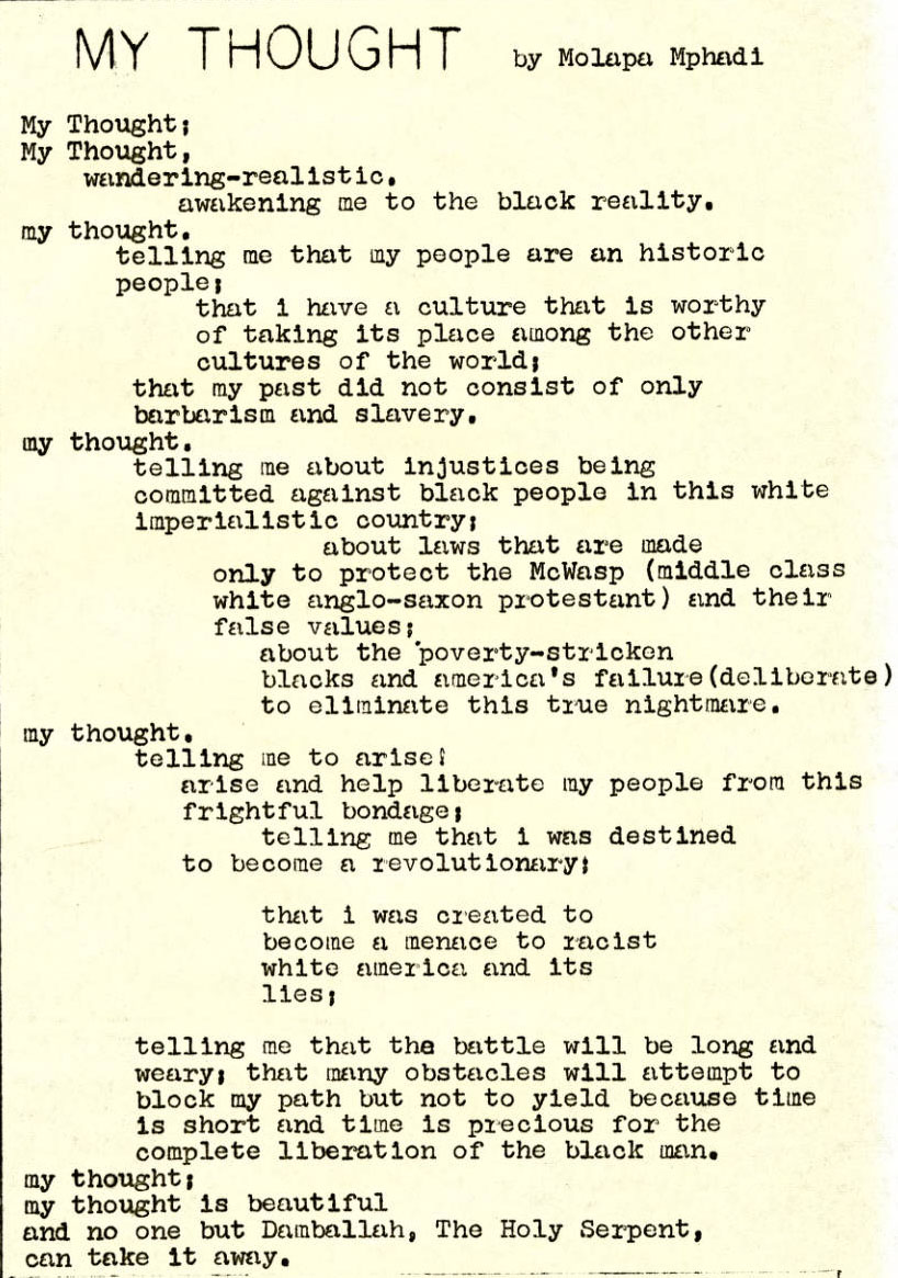 My Thought, a by Molapa Mphadi published in the April 25, 1970 issue of the Black United Front newsletter.
