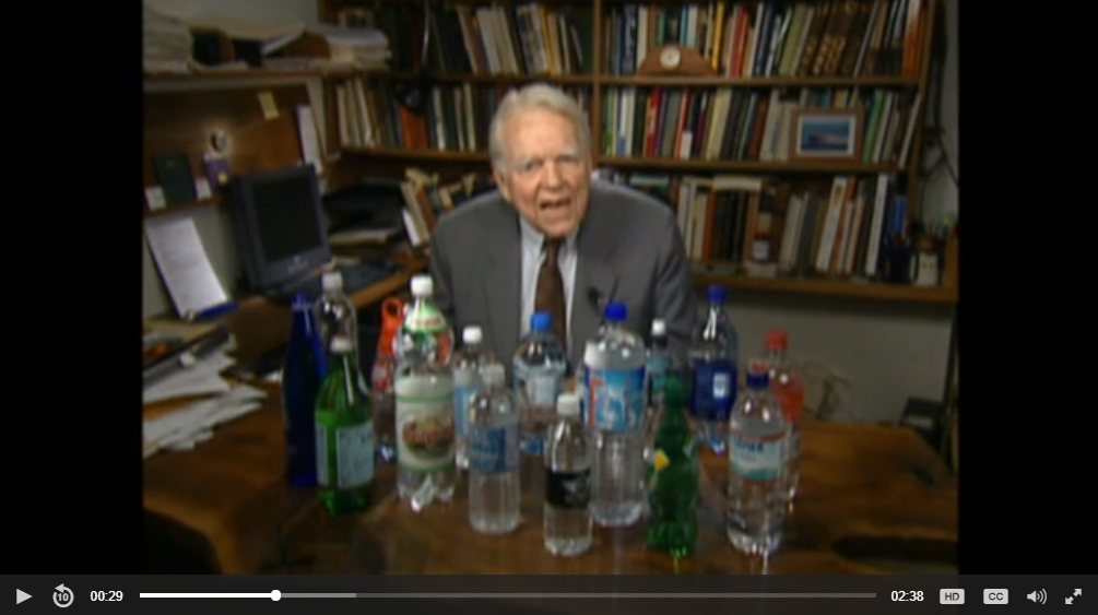 video grab of andy rooney with water bottles