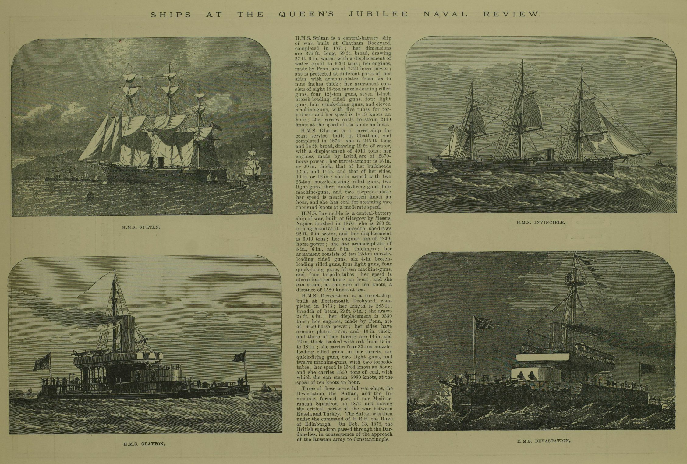 intricate illustrations of British warships from 1887