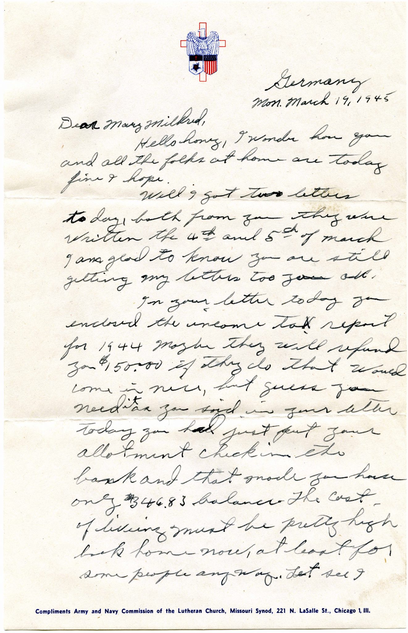 Thomas R. Jones, Sr. correspondence with Mary Mildred Jones, 1945 March 19