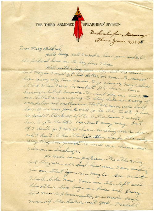 Thomas R. Jones, Sr. correspondence with Mary Mildred Jones, 1945 June 7