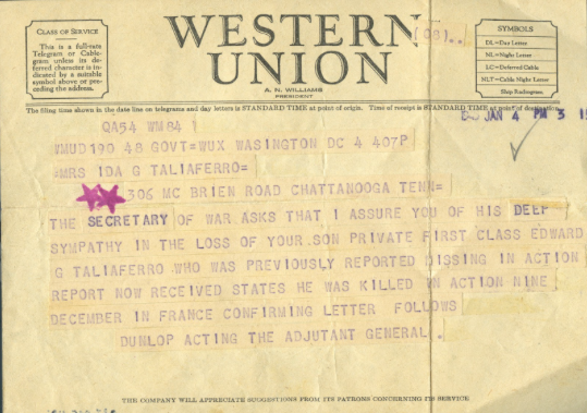 Telegram from the US Army, informing Ida. G. Taliaferro that her son, Gilbert (Edward) Taliaferro, was killed in action.