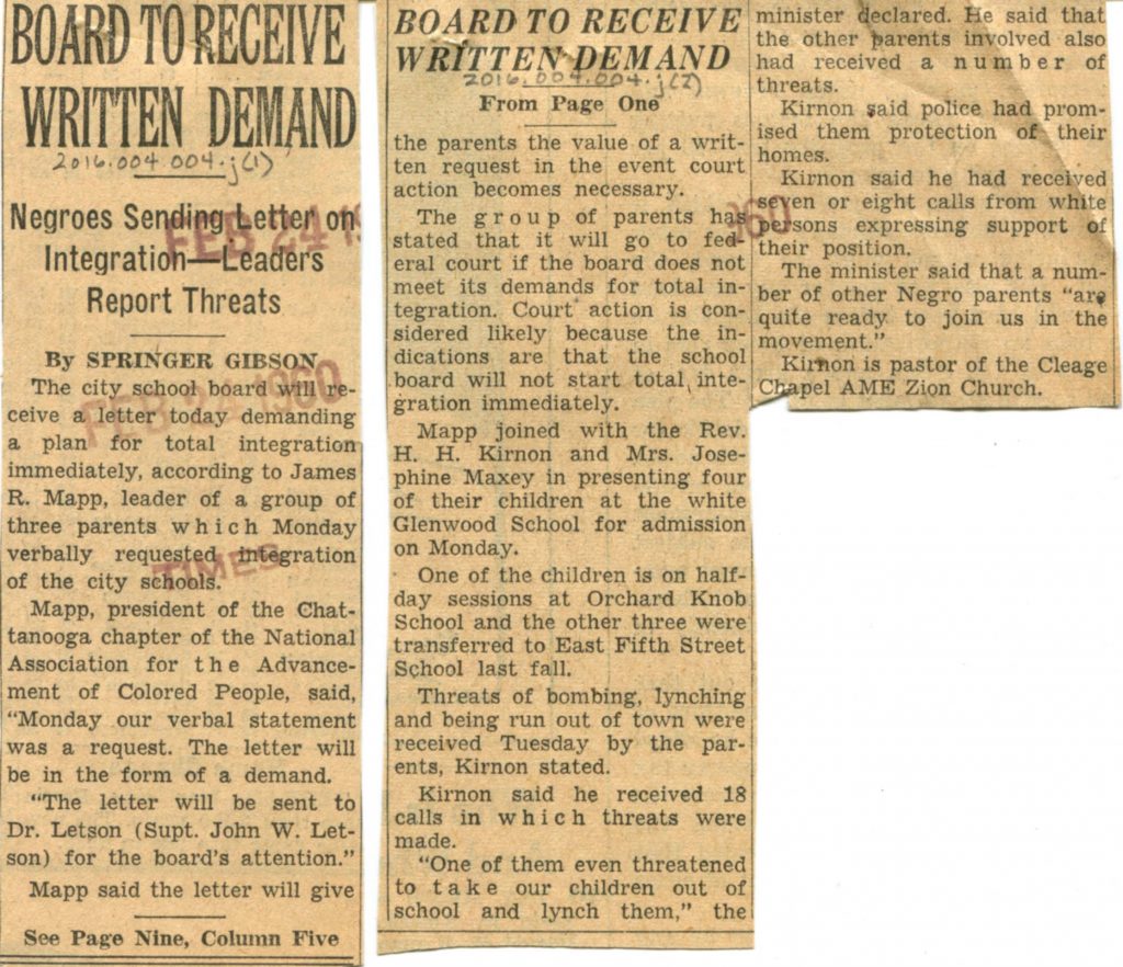 Gibson, Springer. "Board to Receive Written Demand." Chattanooga News-Free Press . February 24, 1960. 2016.004.004.j. Courtesy of the Chattanooga Public Library and University of Tennessee at Chattanooga Special Collections.