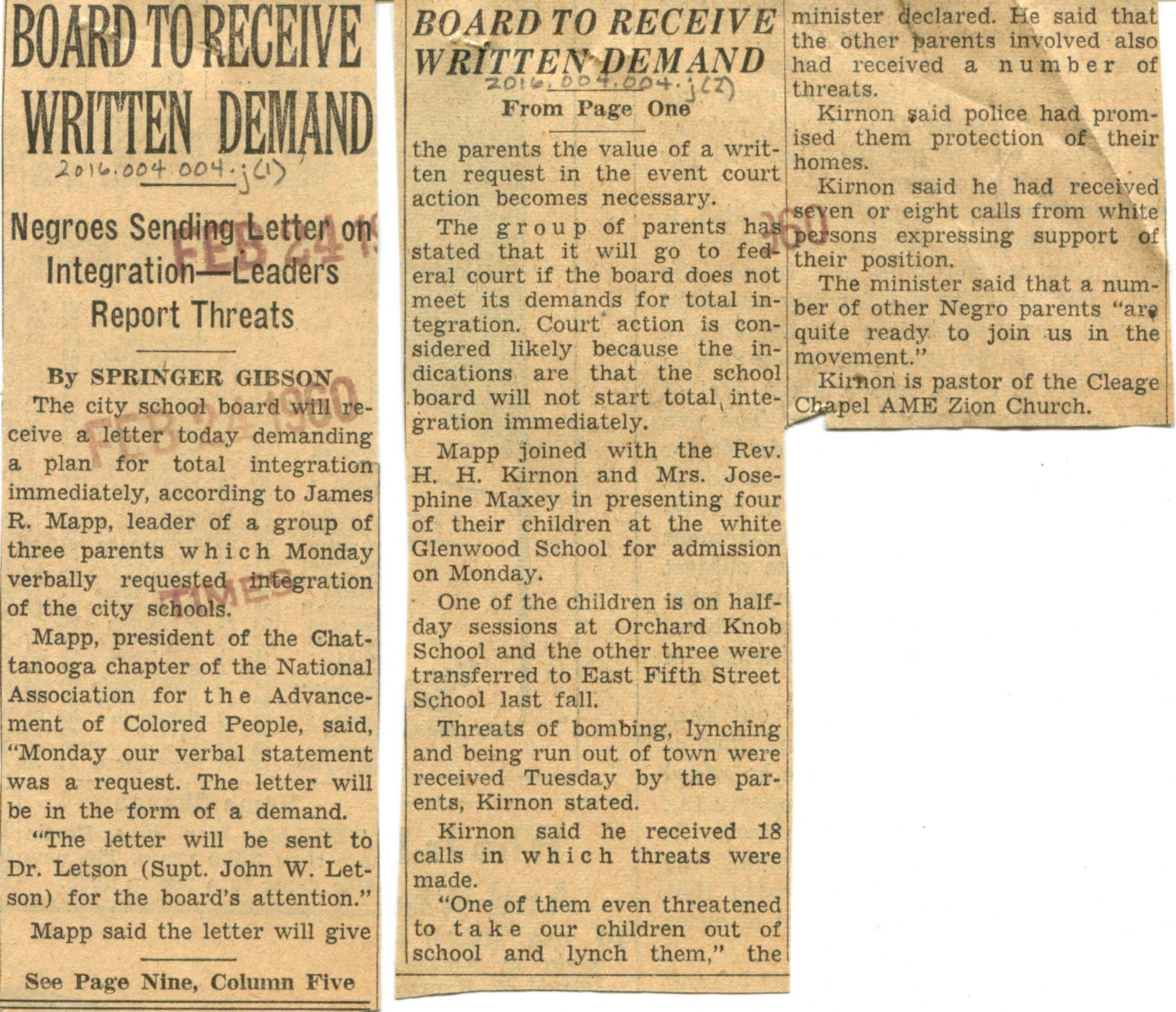 Gibson, Springer. "Board to Receive Written Demand." Chattanooga News-Free Press . February 24, 1960. 2016.004.004.j. Courtesy of the Chattanooga Public Library and University of Tennessee at Chattanooga Special Collections.