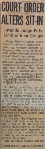 A newspaper clipping from the Chattanooga Times recording a court order that limited sit-in participants to 6. Courtesy of the Chattanooga Public Library and University of Tennessee at Chattanooga Special Collections.