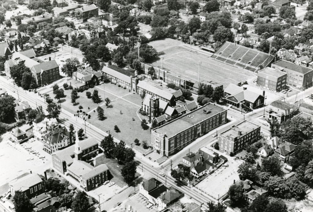 Aerial view of campus, circa 1960s