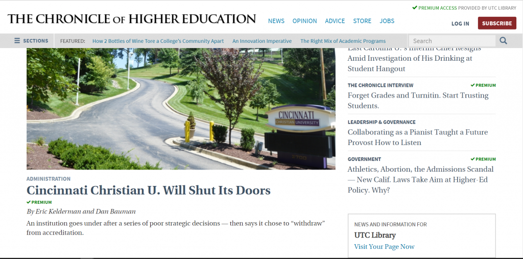 screenshot of chronicle of higher education