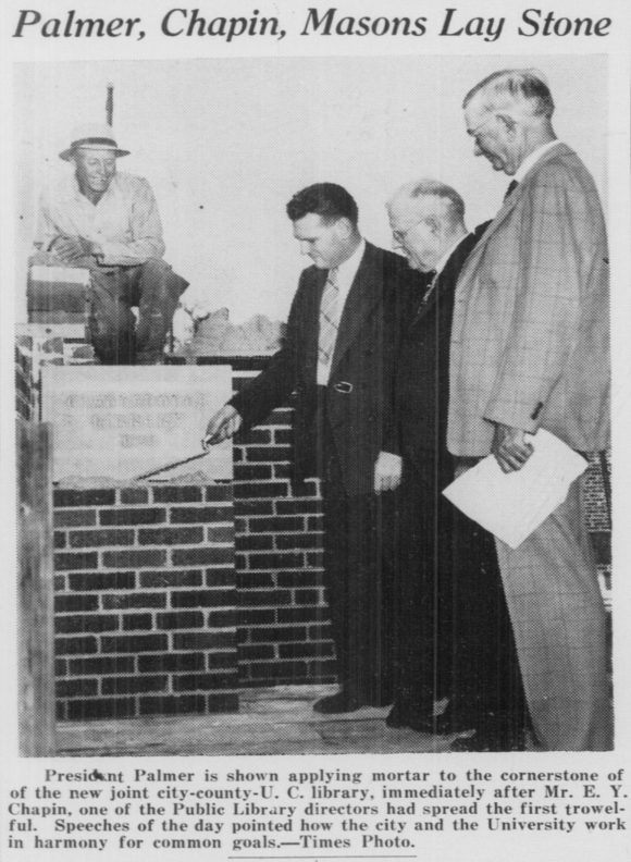 A photograph of the cornerstone for Fletcher Hall being laid