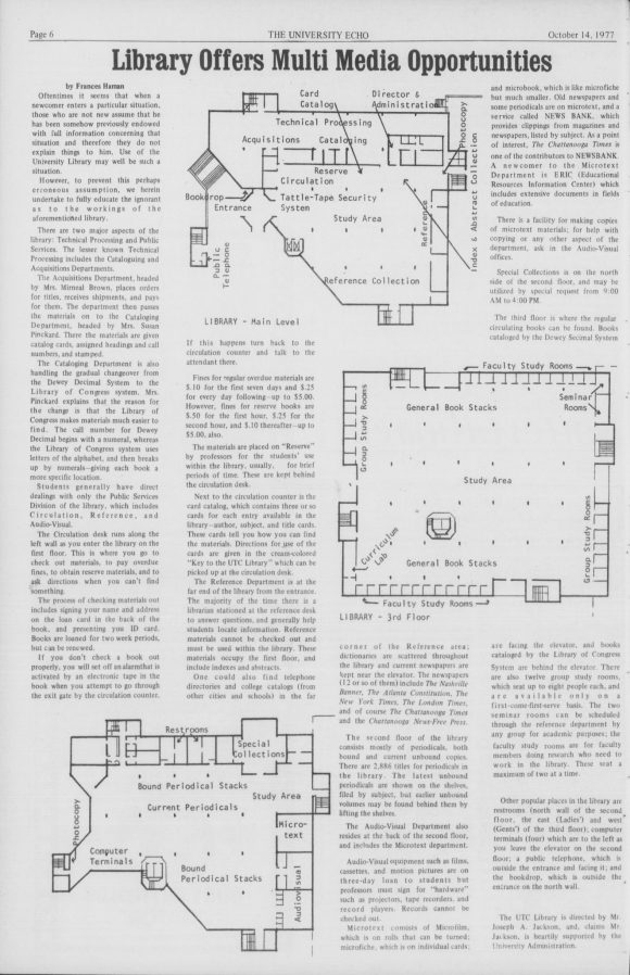 A page from the 1977 University Echo describing the features of the University Library