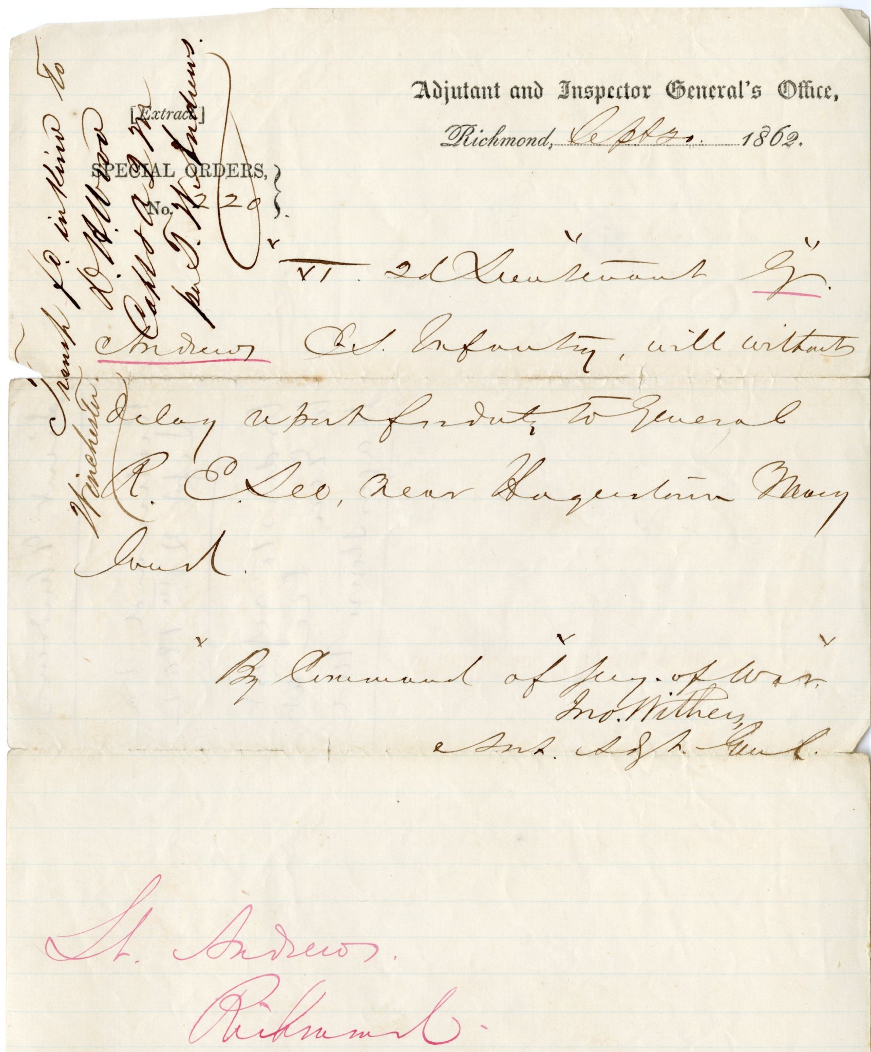 Military order instructing Garnett Andrews to report to General Robert E. Lee in Hagerstown, Maryland.