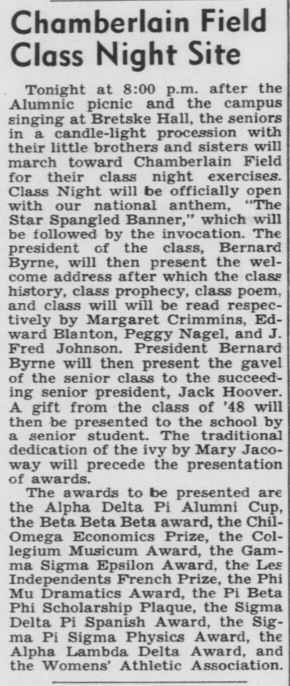 A newspaper clipping describing the University of Chattanooga Class Night itinerary for 1948.
