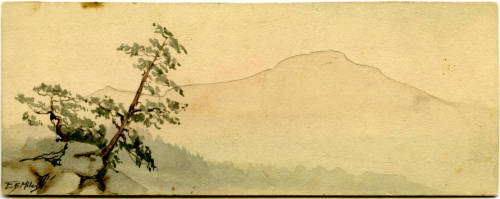 Watercolor painting of Lookout Mountain depicting the mountain foregrounded by a tree.