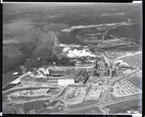 Black-and-white photograph of Bowater Paper Company in Calhoun, Tennessee.