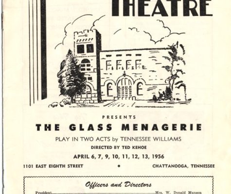 Cover a the playbill from the Chattanooga Theatre Center's production of the Glass Menagerie in 1956. The cover features an image of brick building.