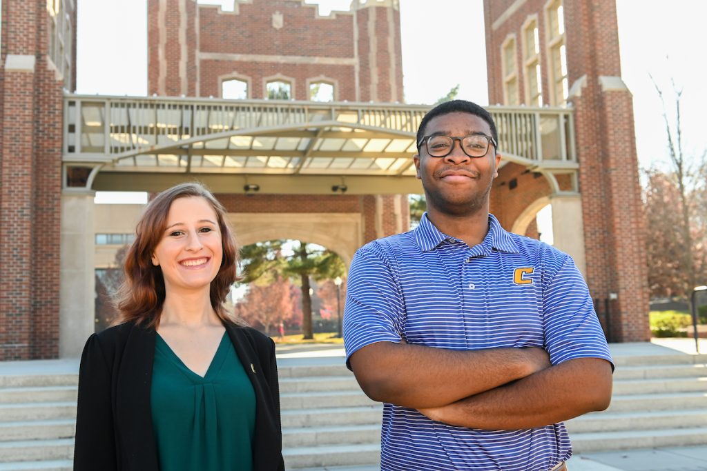 UTC students Nicki Messer and Miles Mosby stand in front of Chamberlain Pavilion on the UTC campus, December 3, 2021