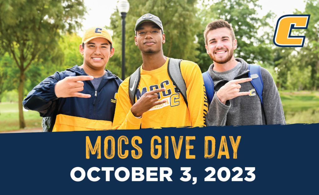 Mocs Give Day, Oct. 3 2023 with photo featuring 3 students holding up the power c symbol. 
